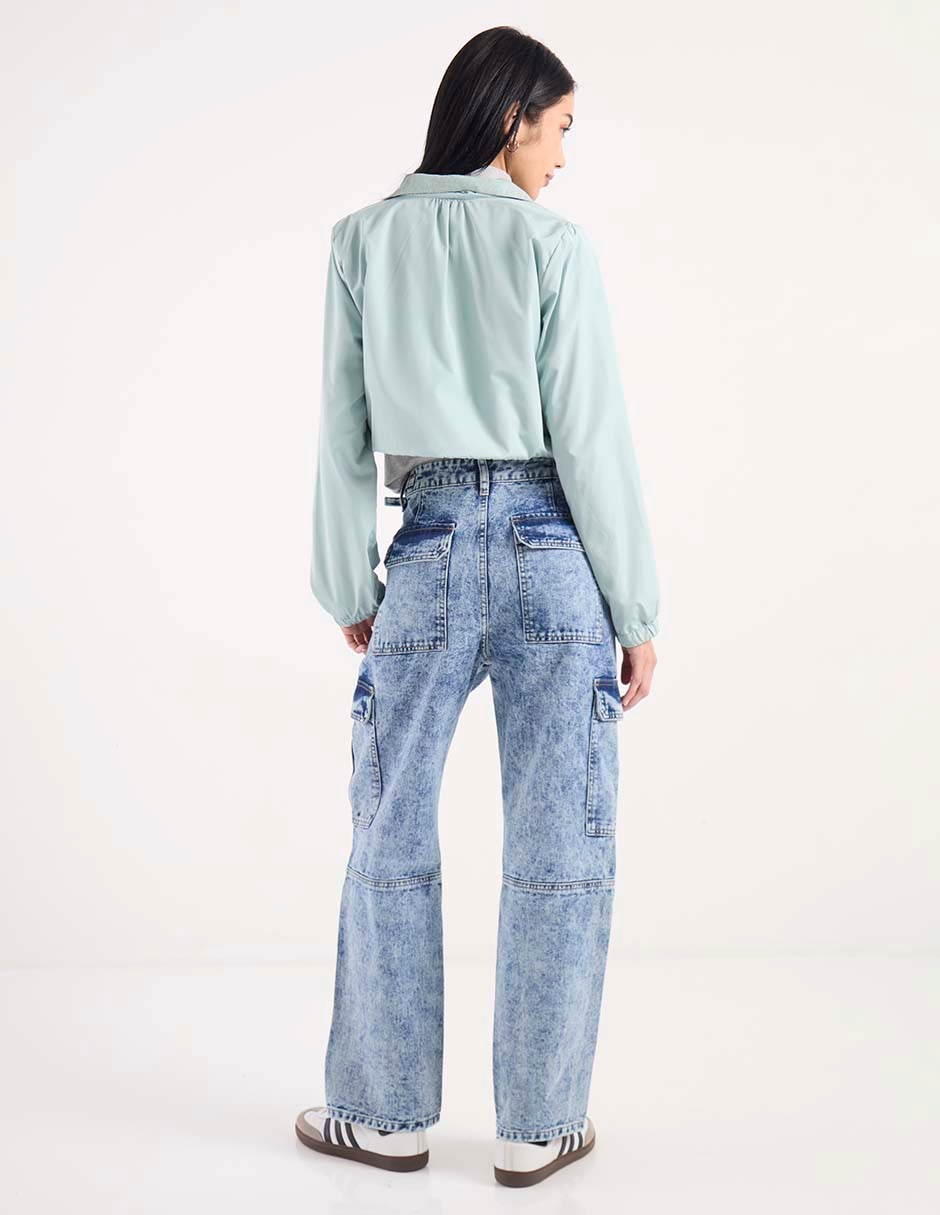 Jeans cargo relajado corte cintura para mujer 2