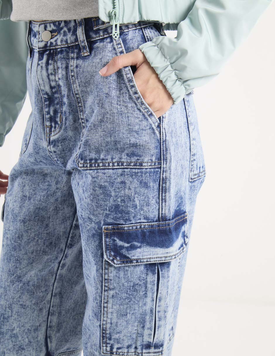 Jeans cargo relajado corte cintura para mujer 4
