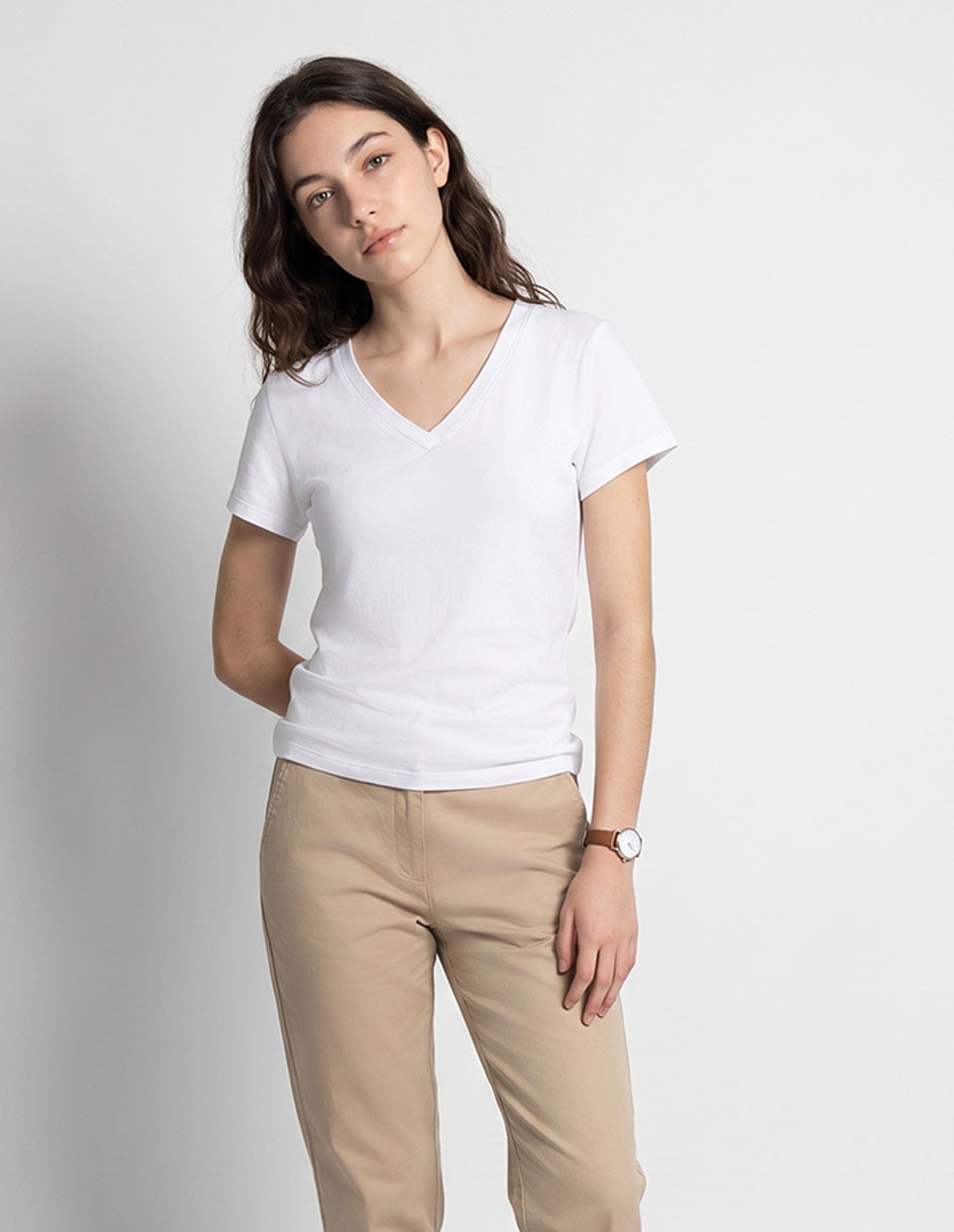 Playera manga corta cuello V para mujer